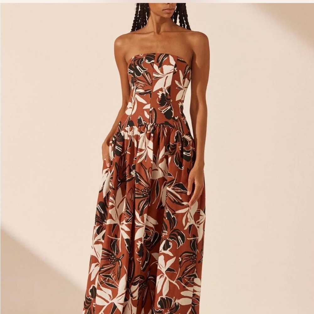 Shona Joy Strapless Pleated Sundress in Brown and Orange